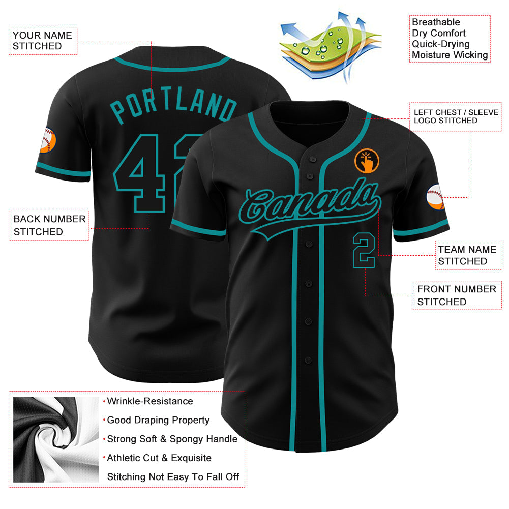 Custom Black Black-Teal Authentic Baseball Jersey view 3