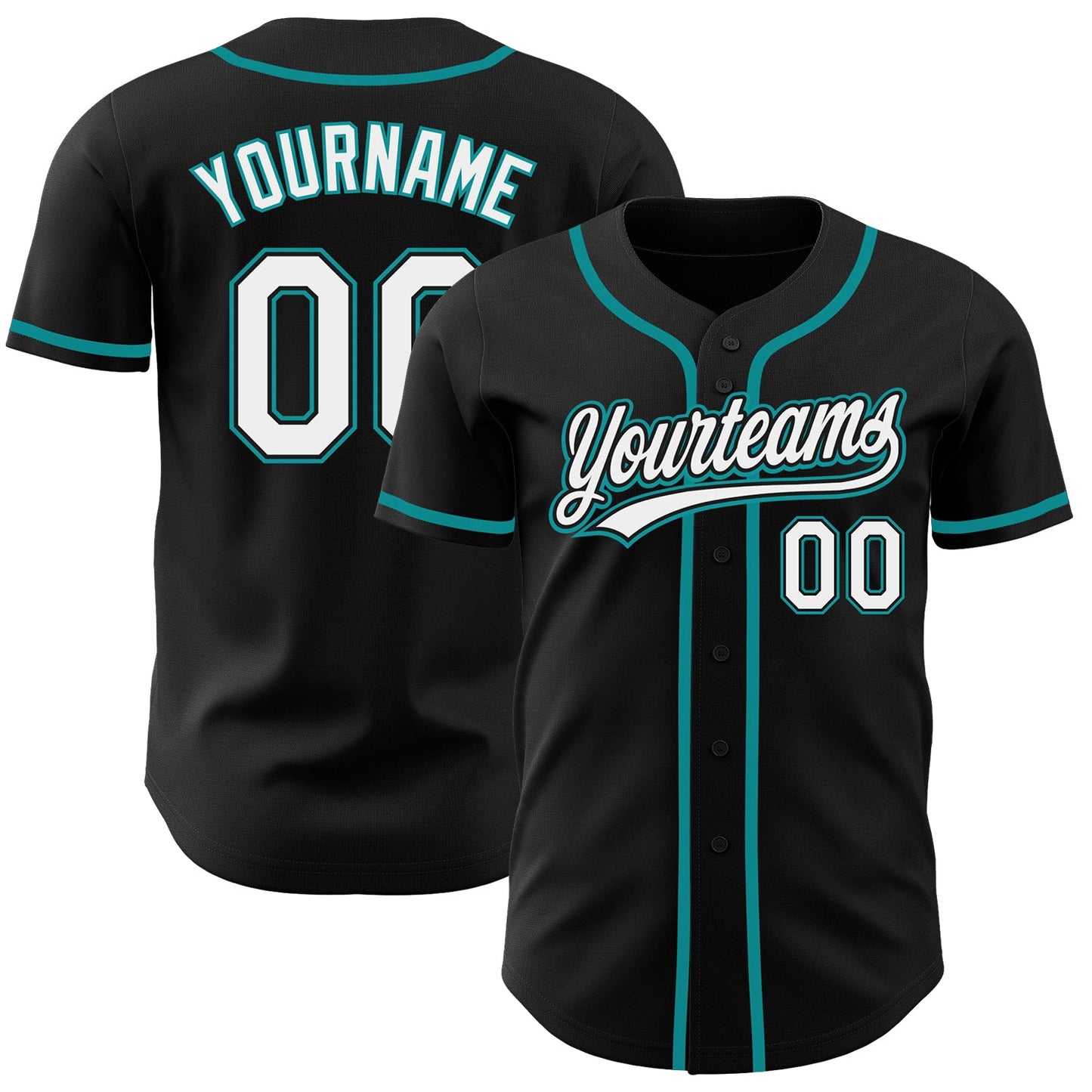 Custom Black White-Teal Authentic Baseball Jersey - Main View