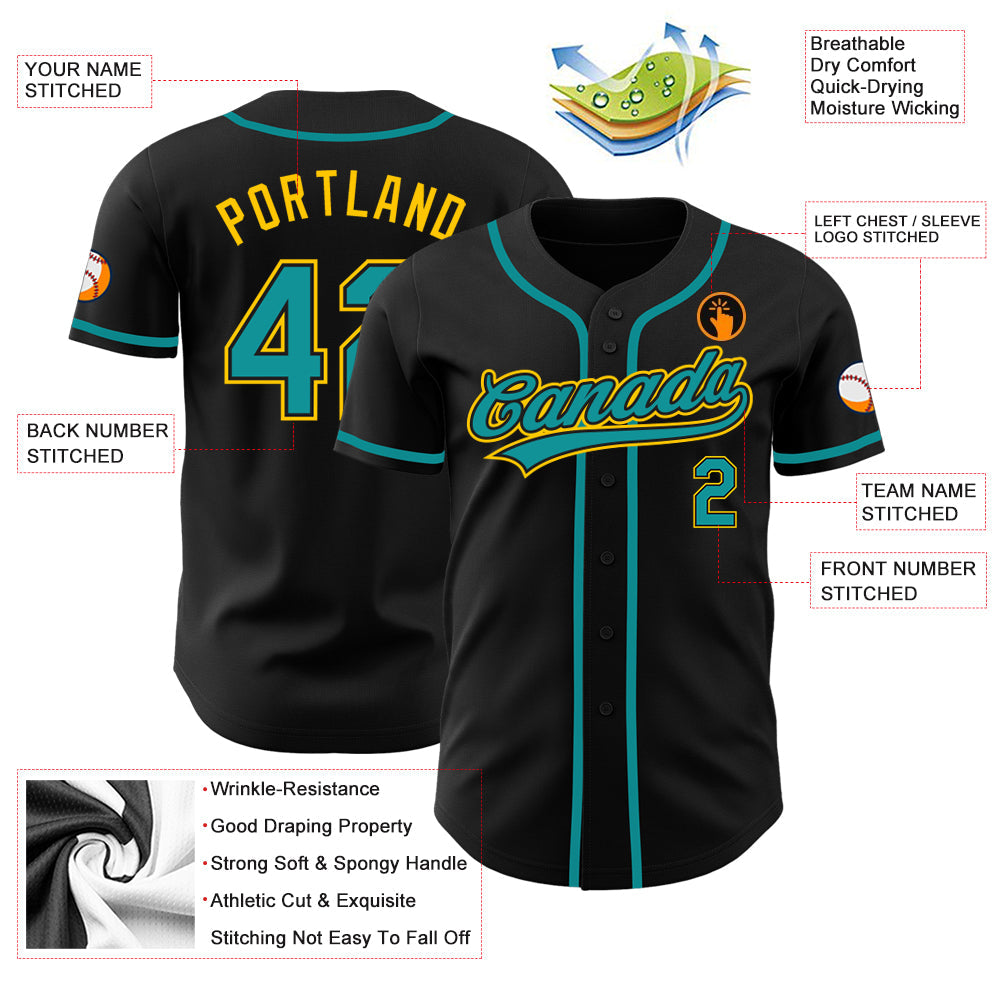 Custom Black Teal-Gold Authentic Baseball Jersey view 3