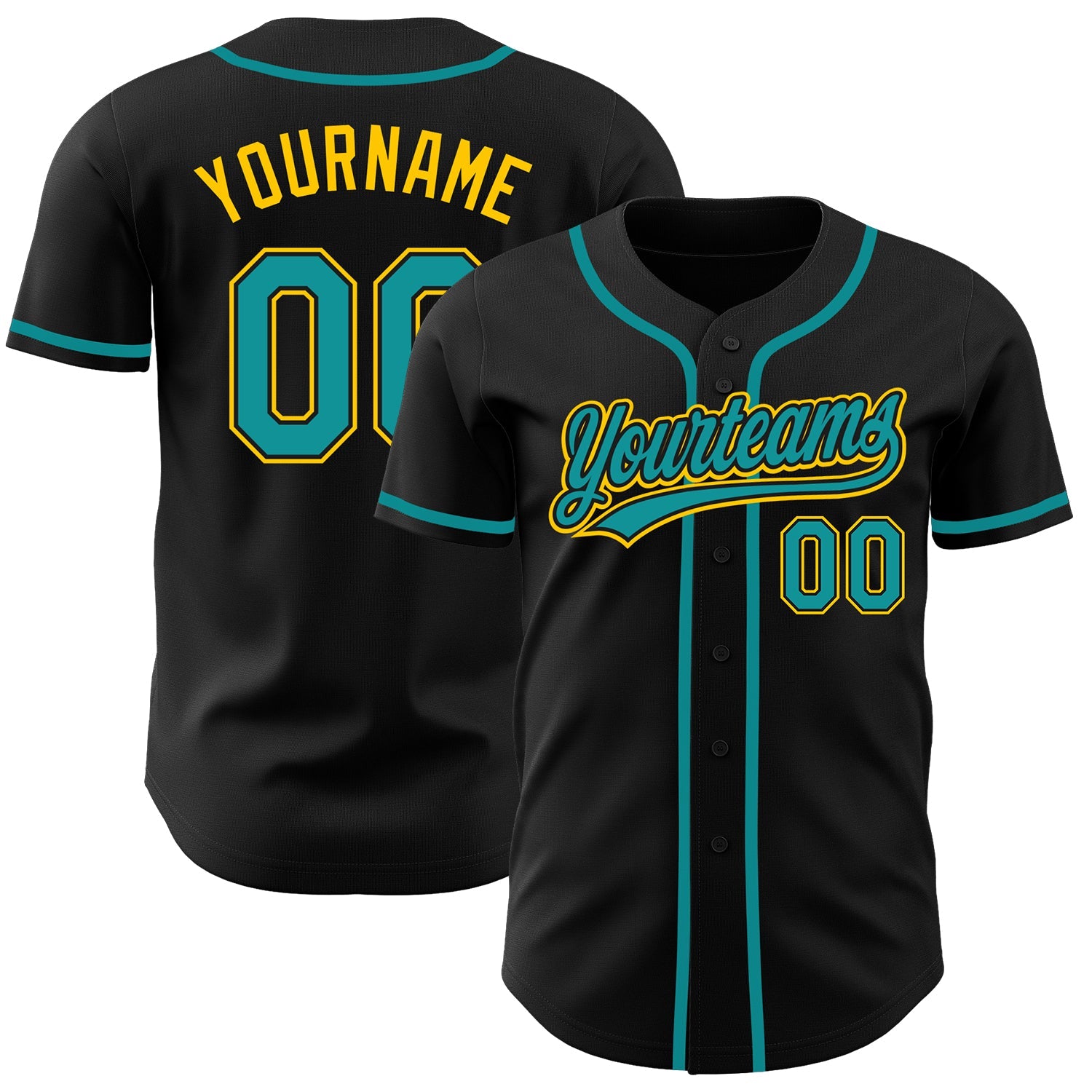 Custom Black Teal-Gold Authentic Baseball Jersey - Main View