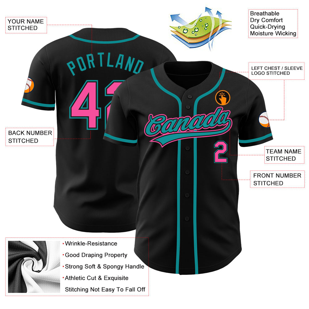 Custom Black Pink-Teal Authentic Baseball Jersey view 6