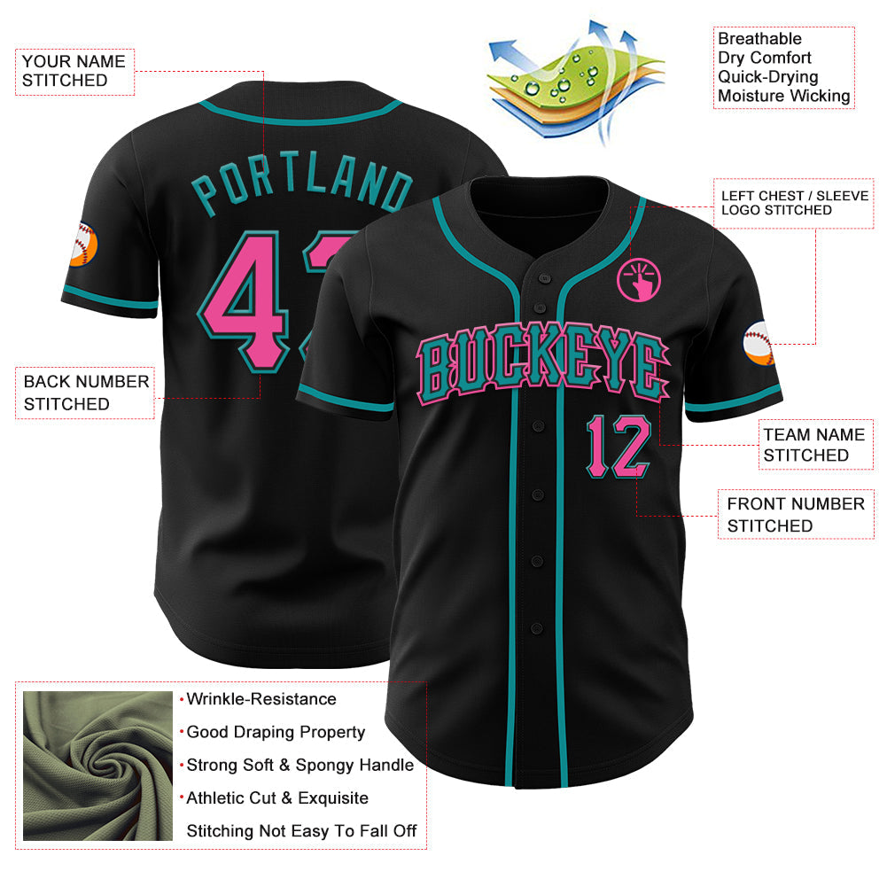 Custom Black Pink-Teal Authentic Baseball Jersey view 14