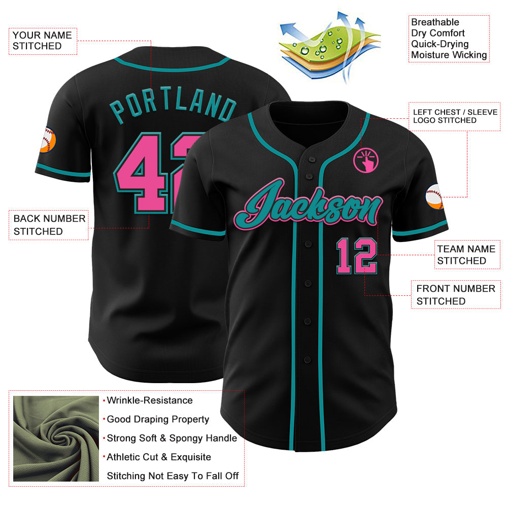 Custom Black Pink-Teal Authentic Baseball Jersey view 30