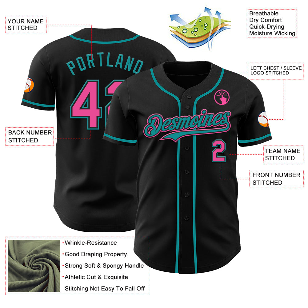 Custom Black Pink-Teal Authentic Baseball Jersey view 38