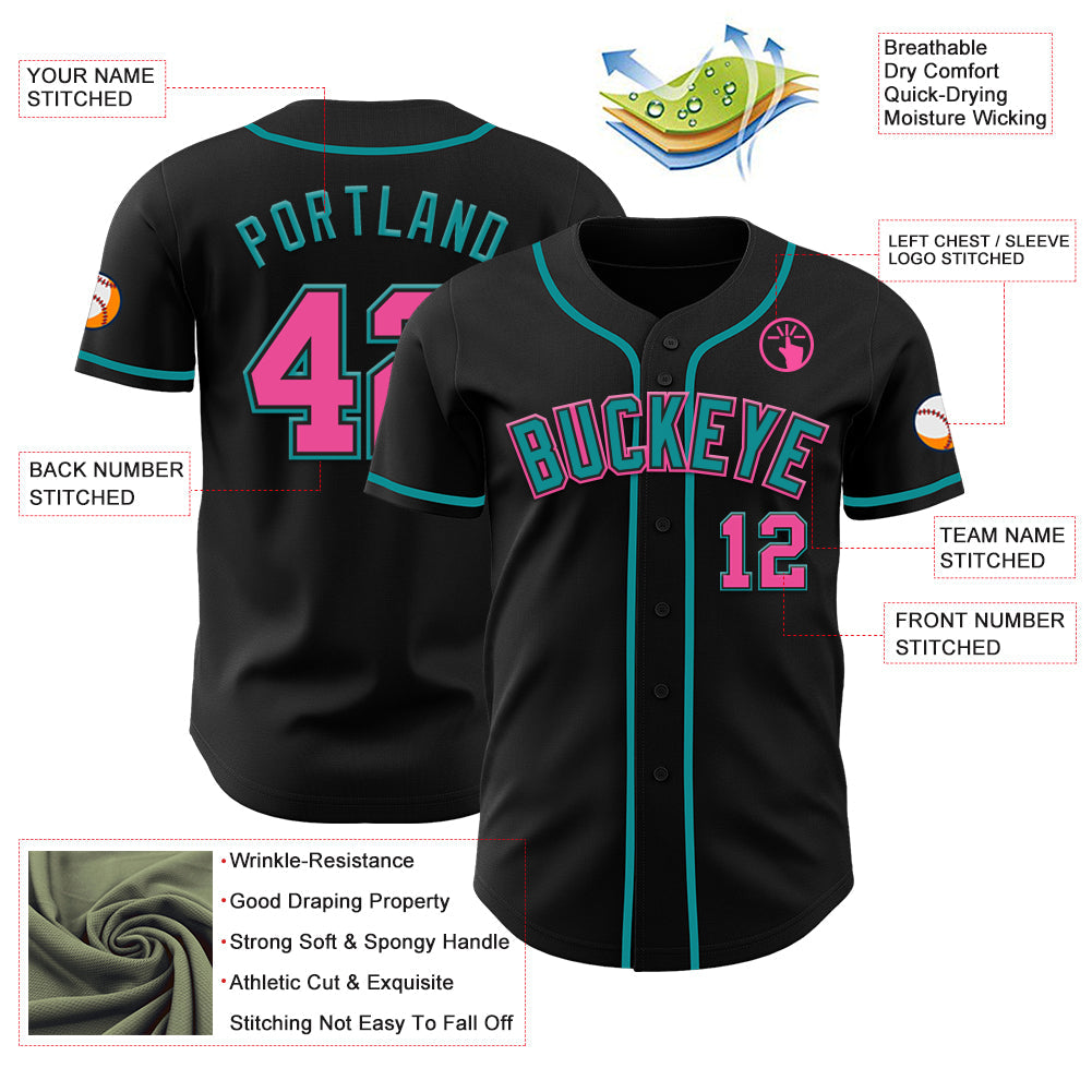 Custom Black Pink-Teal Authentic Baseball Jersey view 54