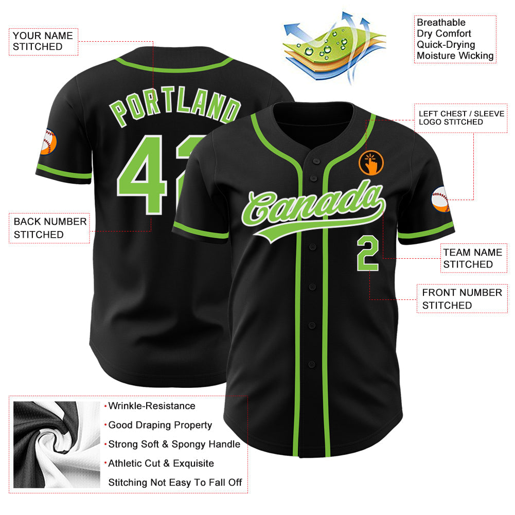 Custom Black Neon Green-White Authentic Baseball Jersey view 3
