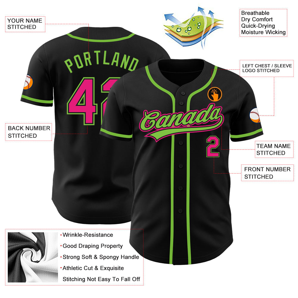 Custom Black Hot Pink-Neon Green Authentic Baseball Jersey view 4