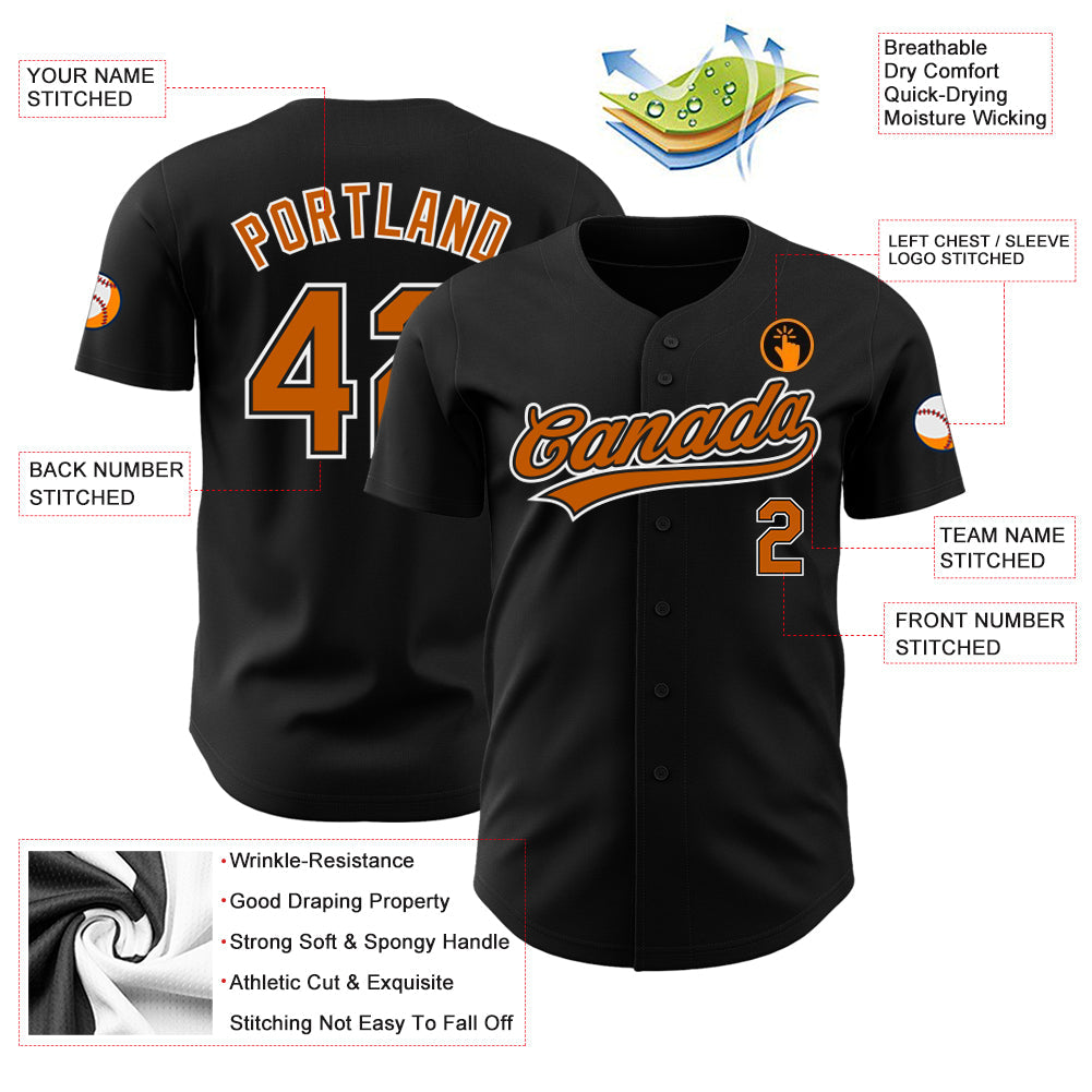 Custom Black Texas Orange-White Authentic Baseball Jersey view 3