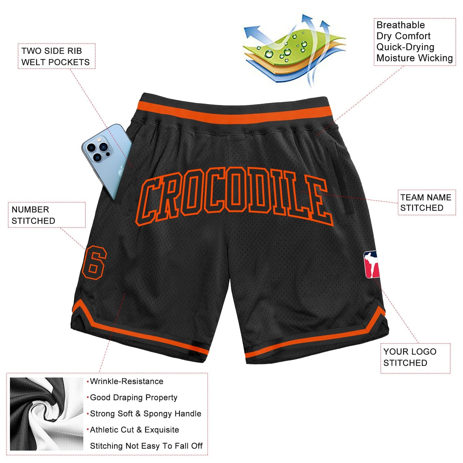 Custom Black Black-Orange Authentic Throwback Basketball Shorts view 2