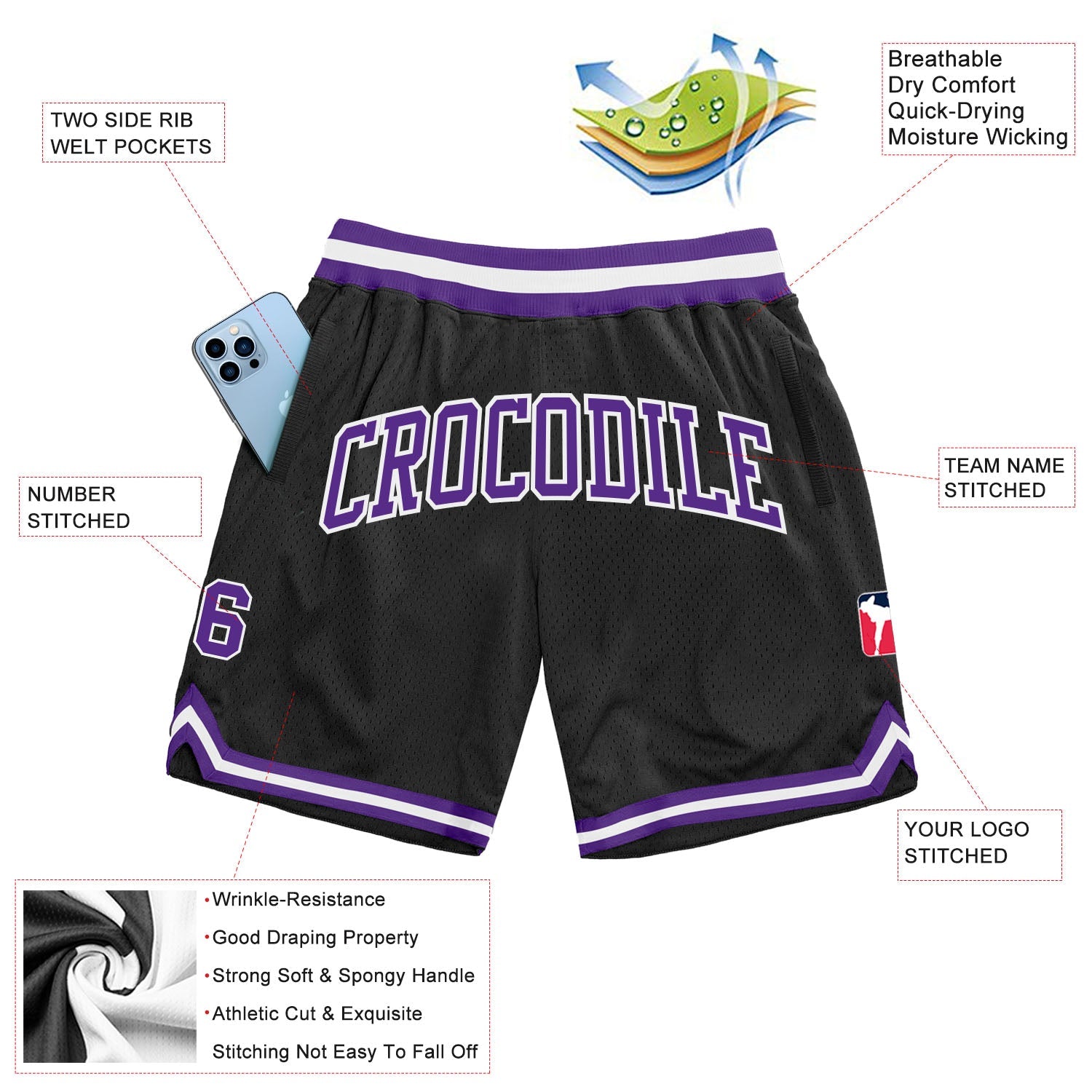 Custom Black Purple-White Authentic Throwback Basketball Shorts view 2