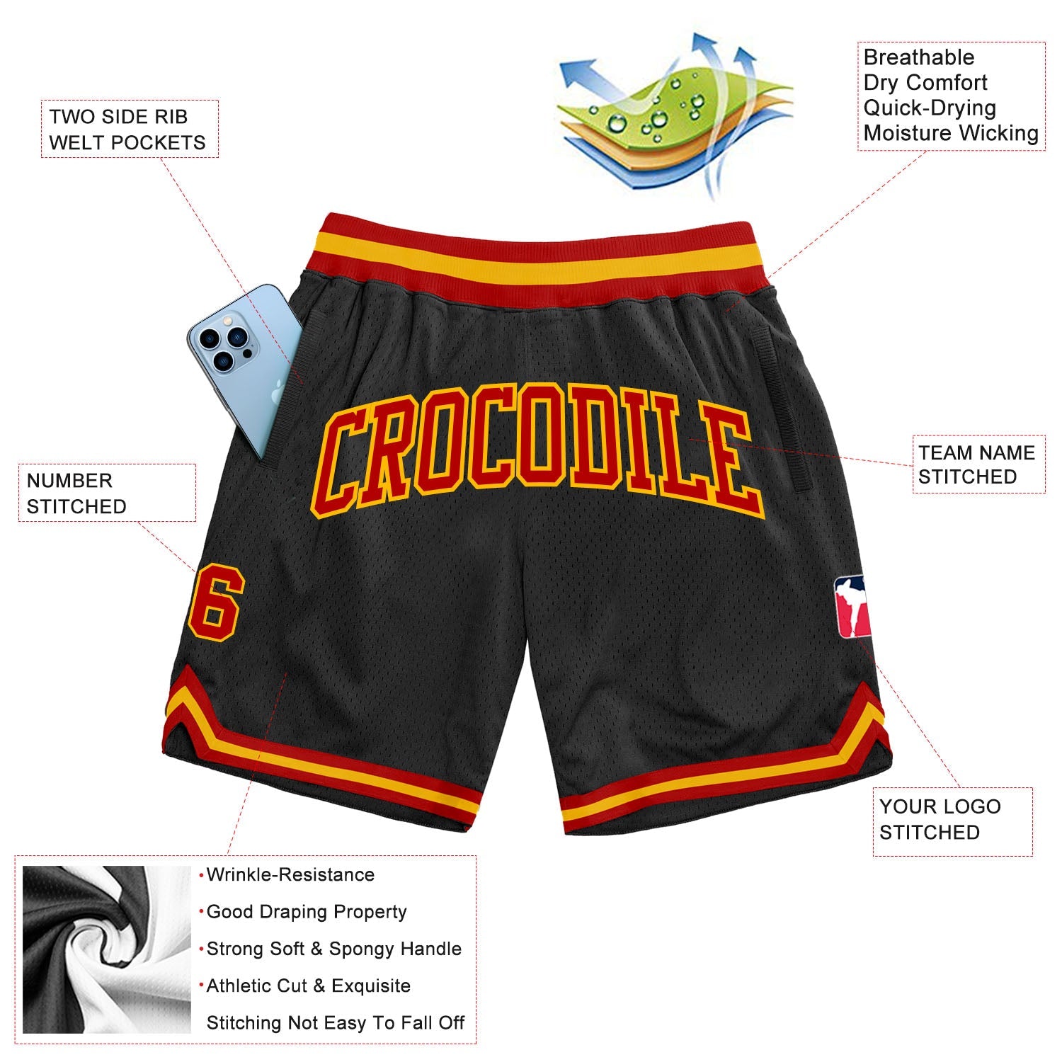 Custom Black Red-Gold Authentic Throwback Basketball Shorts view 2
