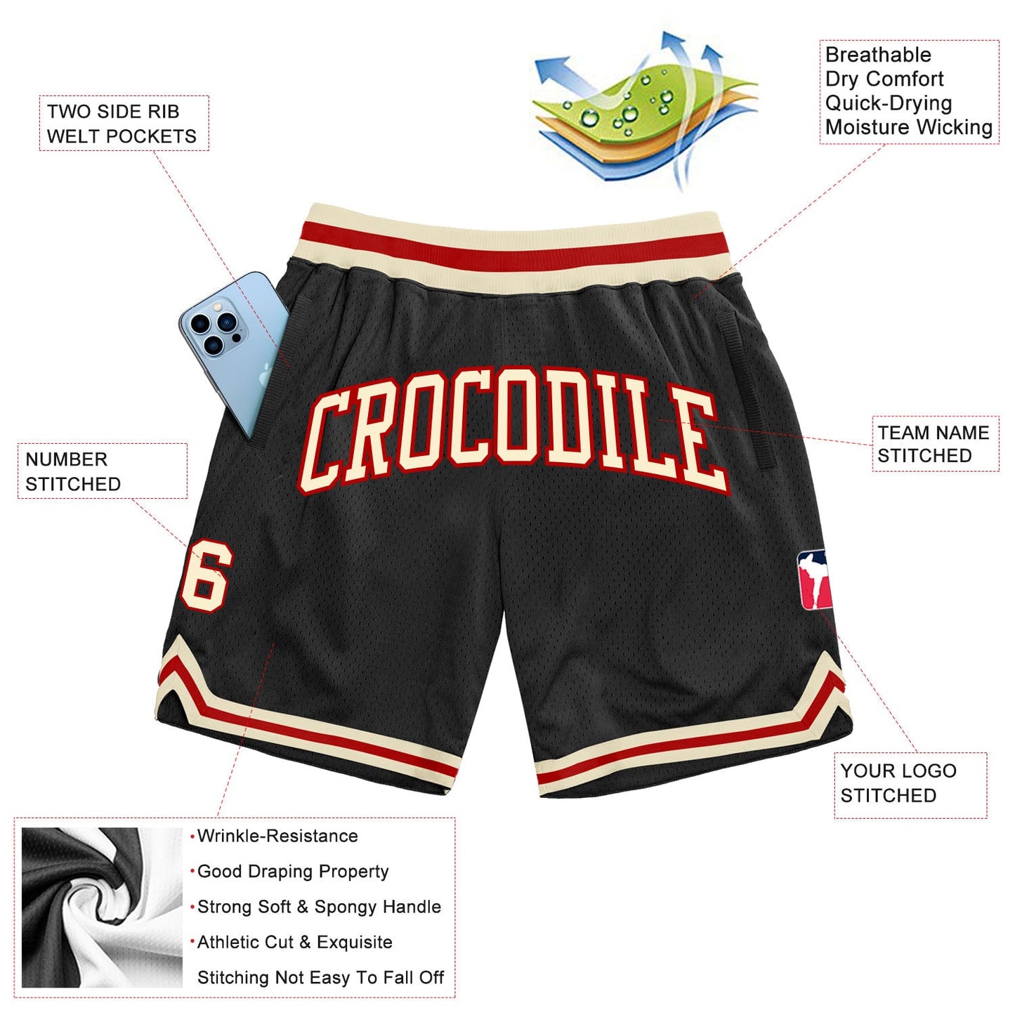Custom Black Cream-Red Authentic Throwback Basketball Shorts view 2