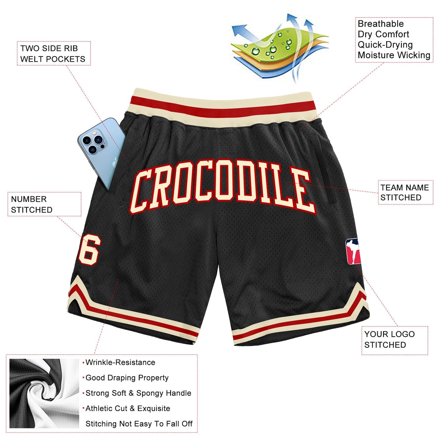 Custom Black Cream-Red Authentic Throwback Basketball Shorts view 2