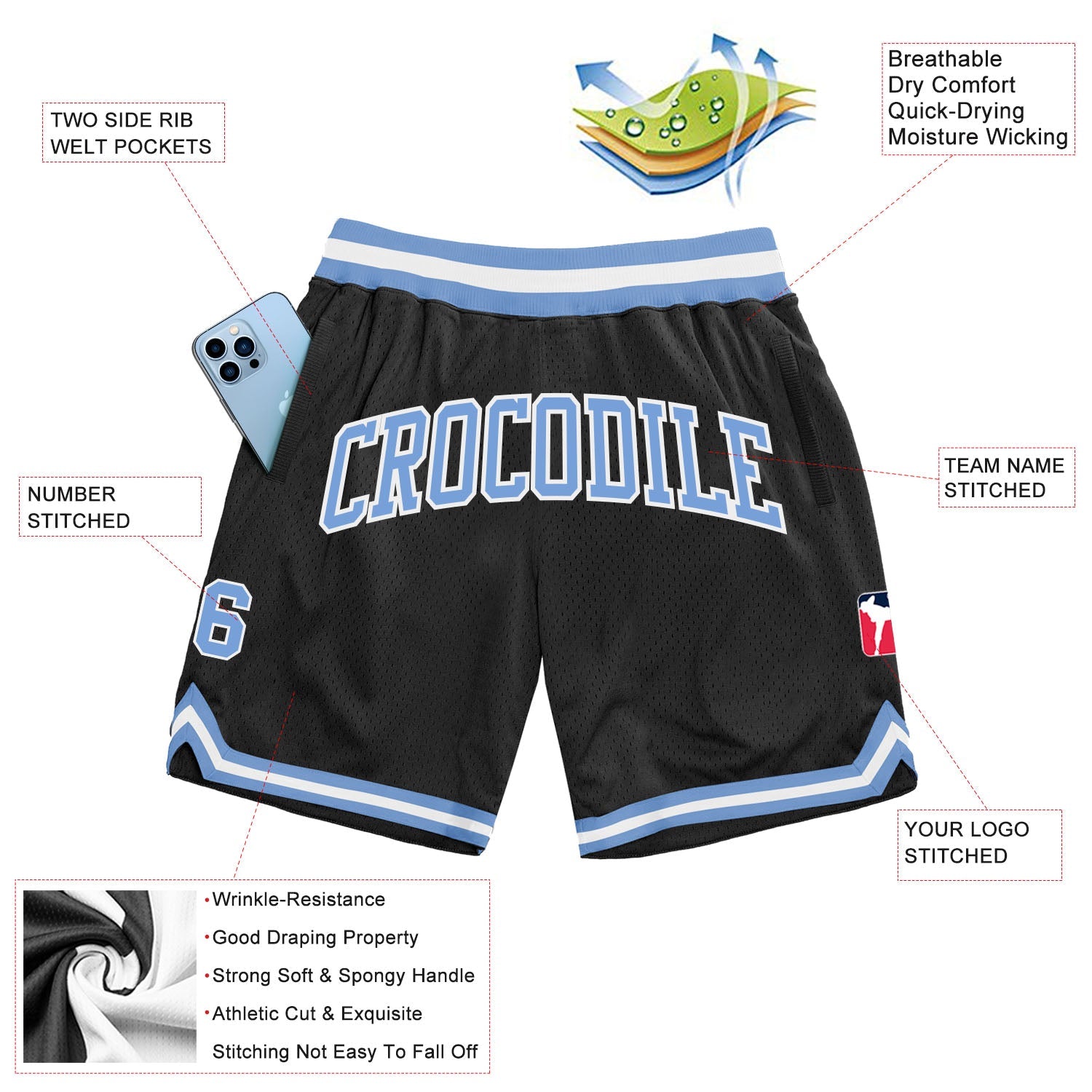 Custom Black Light Blue-White Authentic Throwback Basketball Shorts view 2