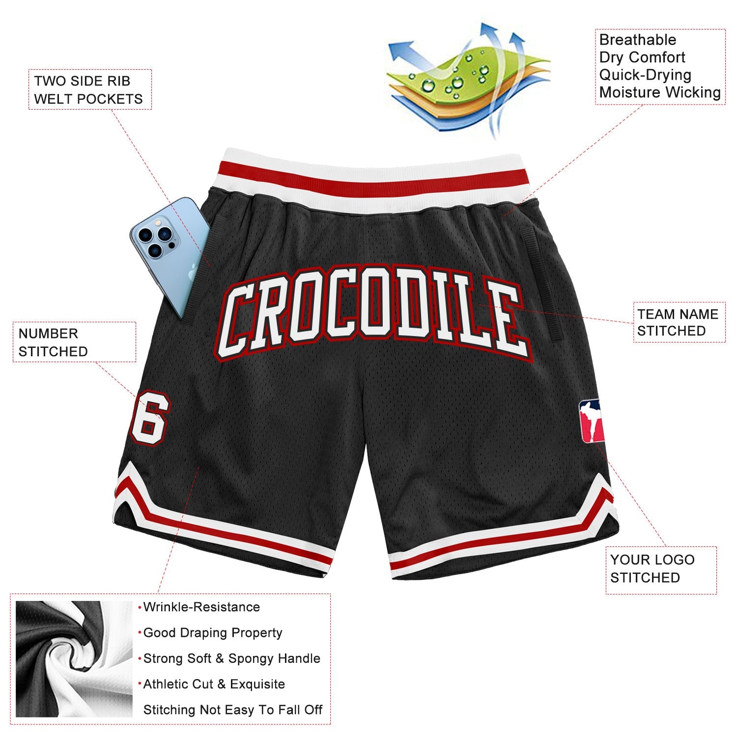 Custom Black White-Red Authentic Throwback Basketball Shorts view 2