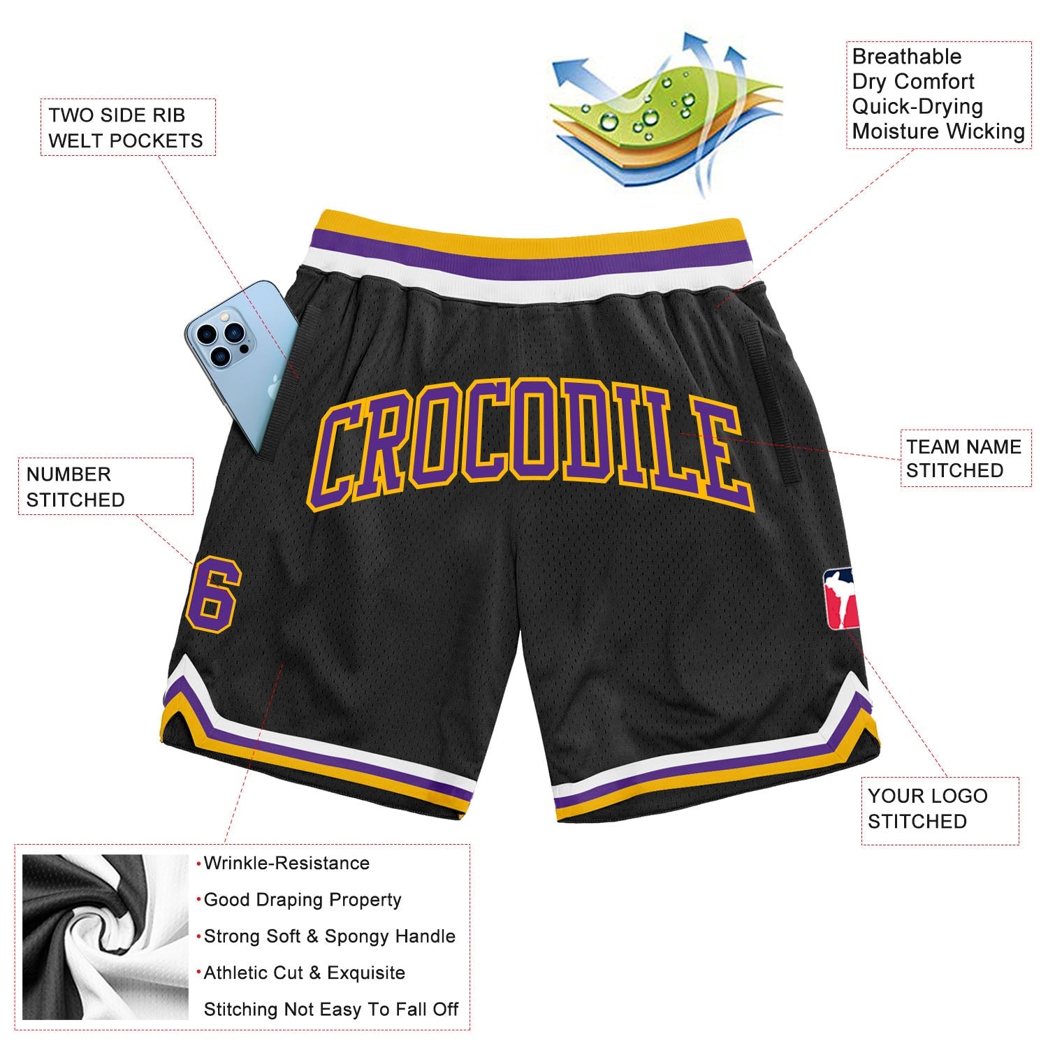 Custom Black Purple-Gold Authentic Throwback Basketball Shorts view 2