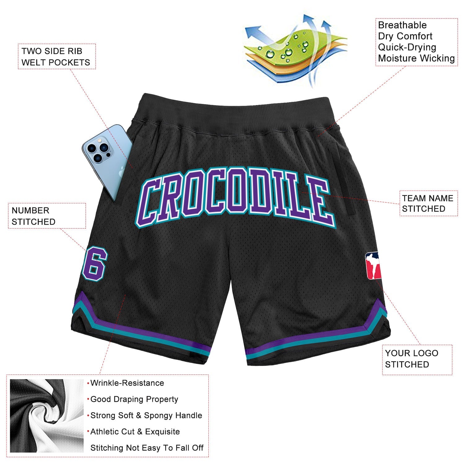 Custom Black Purple-Teal Authentic Throwback Basketball Shorts view 2