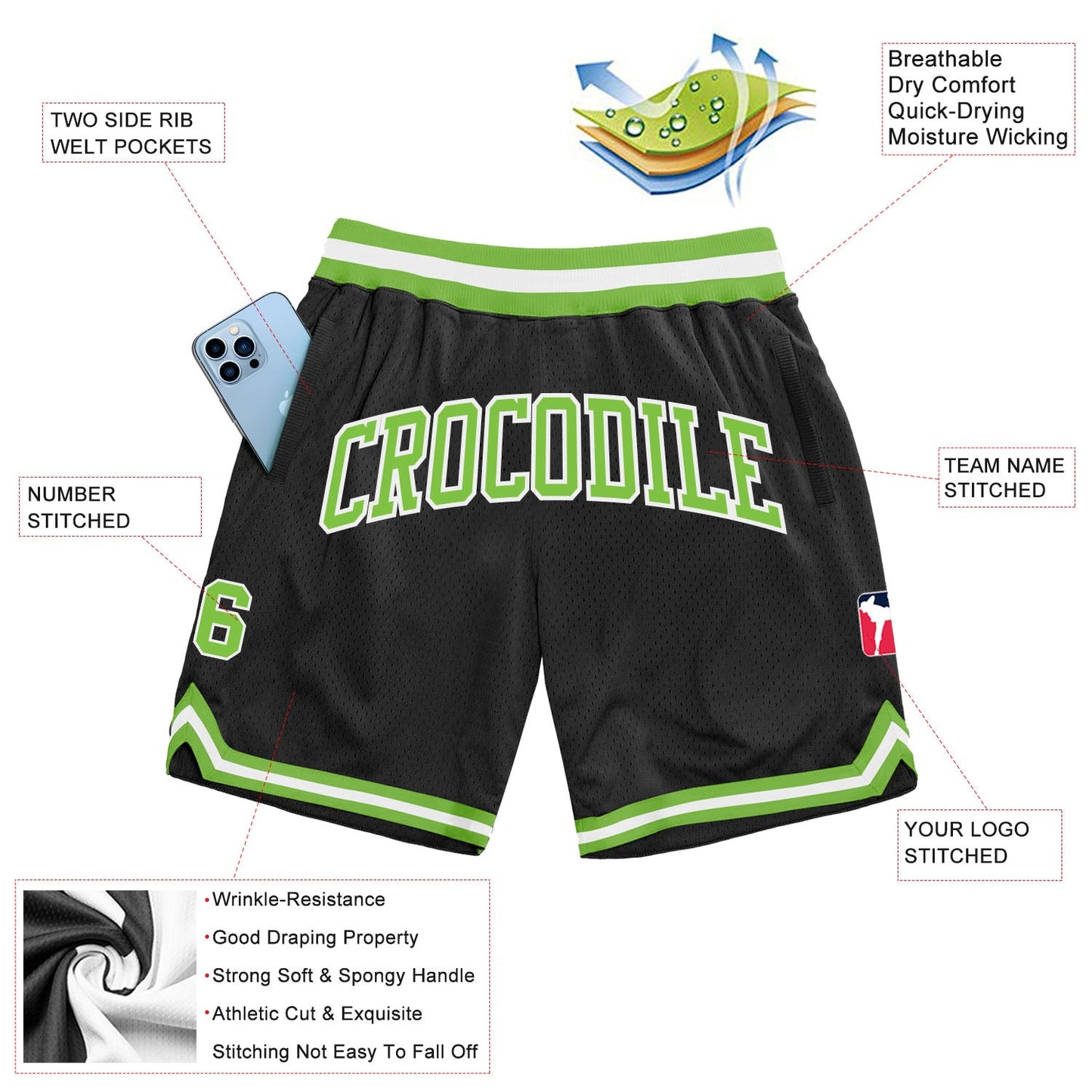 Custom Black Neon Green-White Authentic Throwback Basketball Shorts view 2