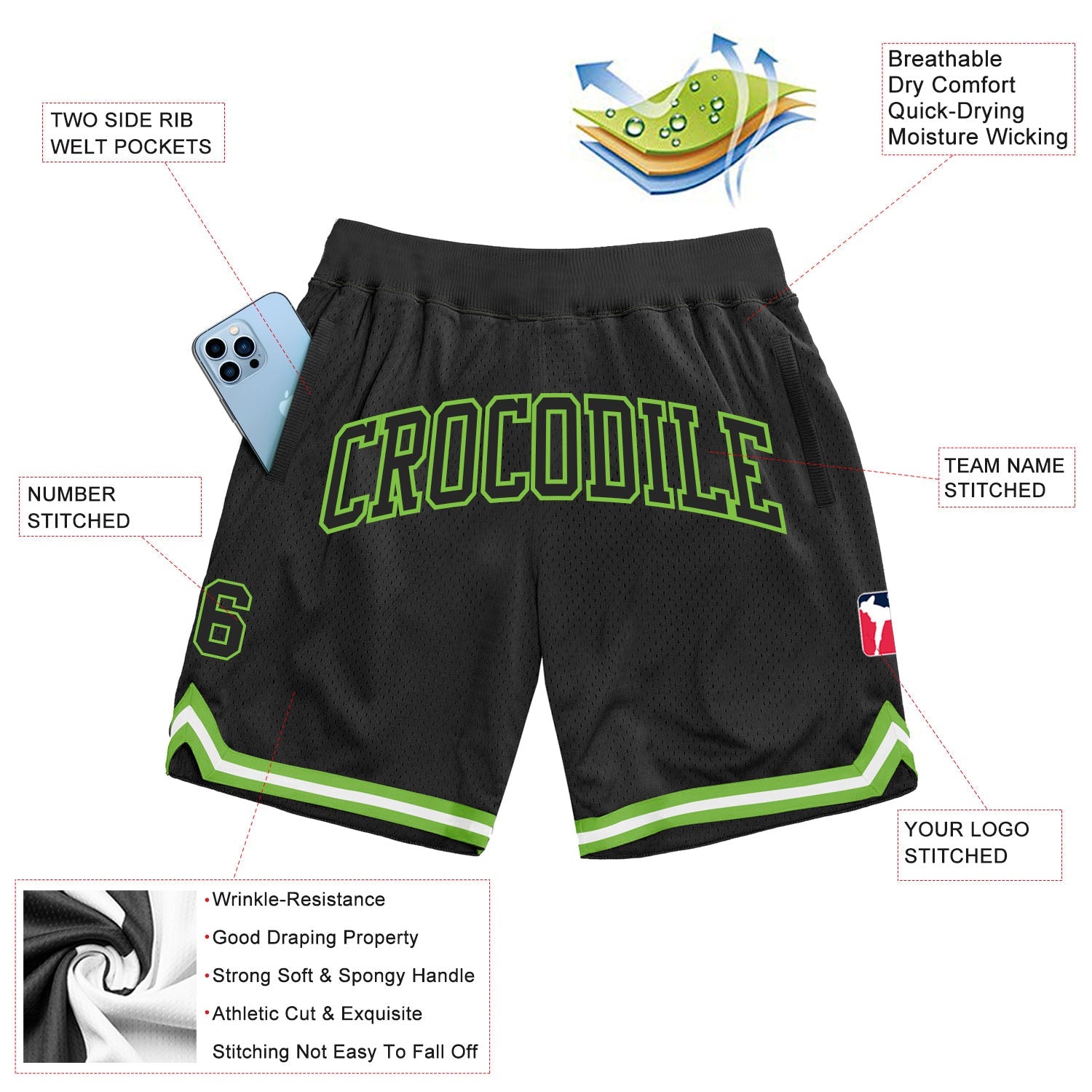 Custom Black Black-Neon Green Authentic Throwback Basketball Shorts view 2