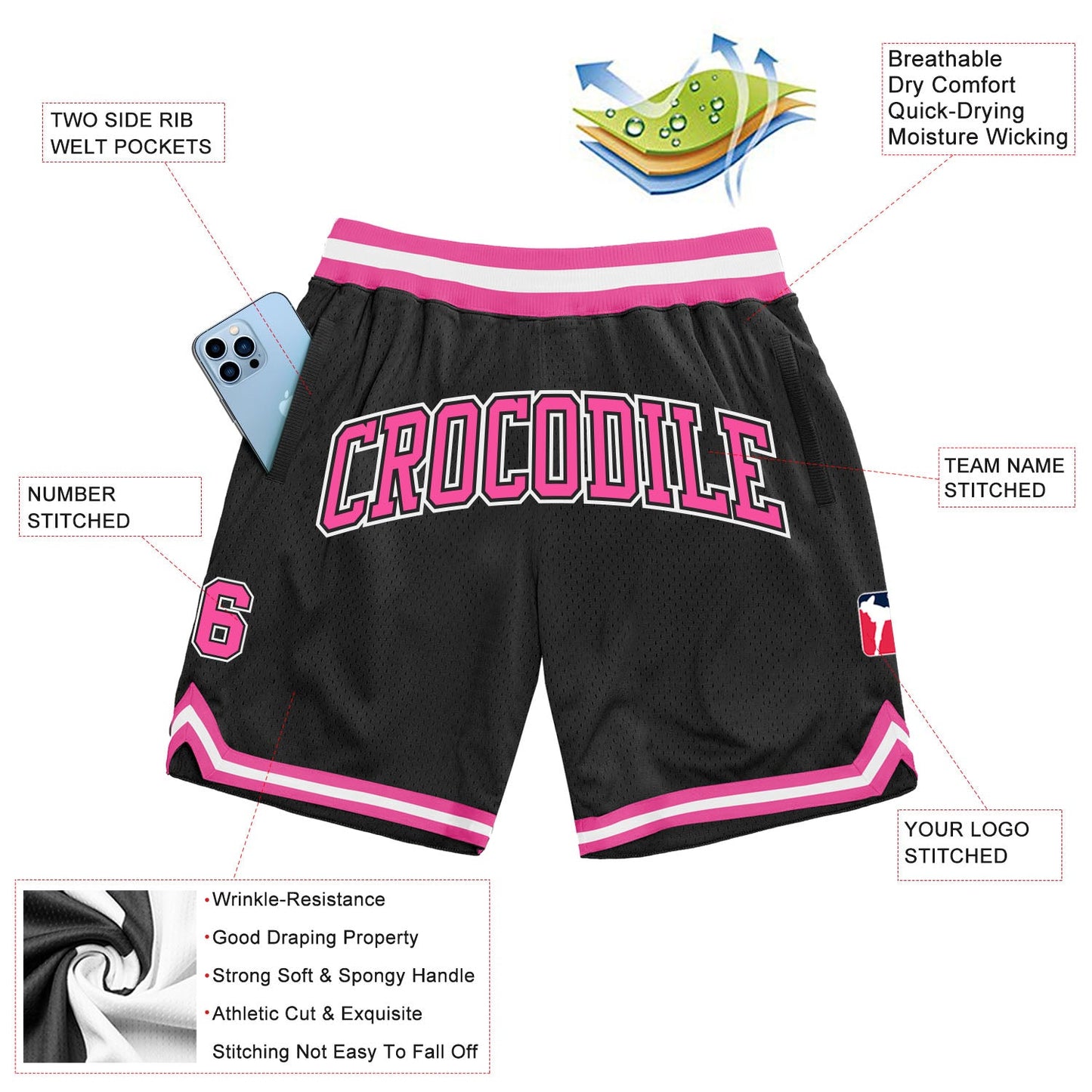 Custom Black Pink-White Authentic Throwback Basketball Shorts view 2