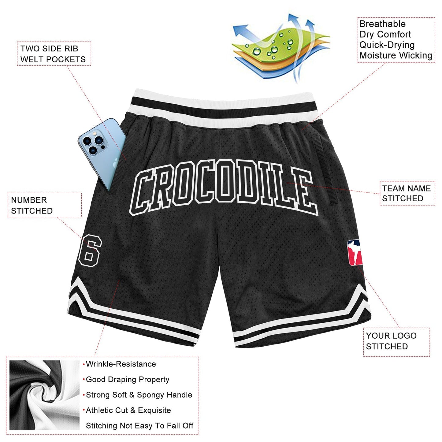 Custom Black Black-White Authentic Throwback Basketball Shorts view 2