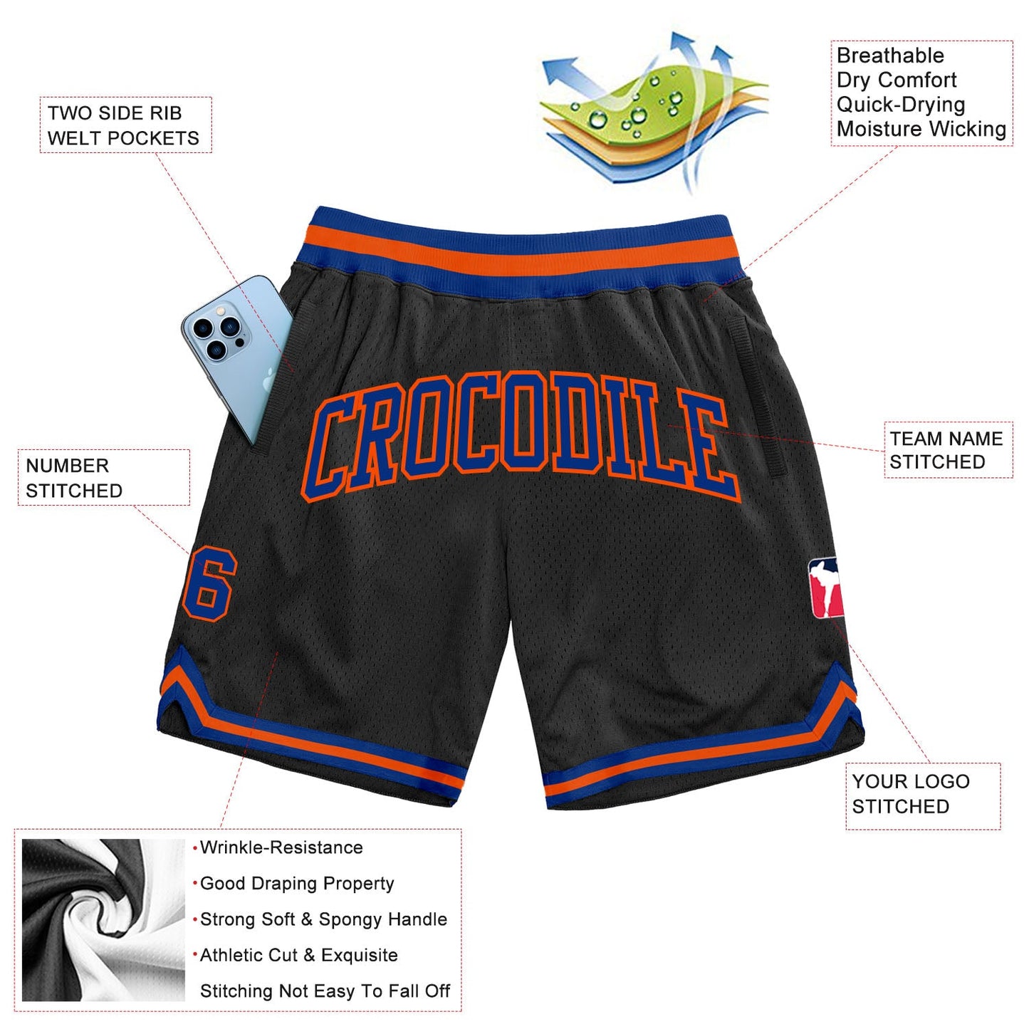 Custom Black Royal-Orange Authentic Throwback Basketball Shorts view 2