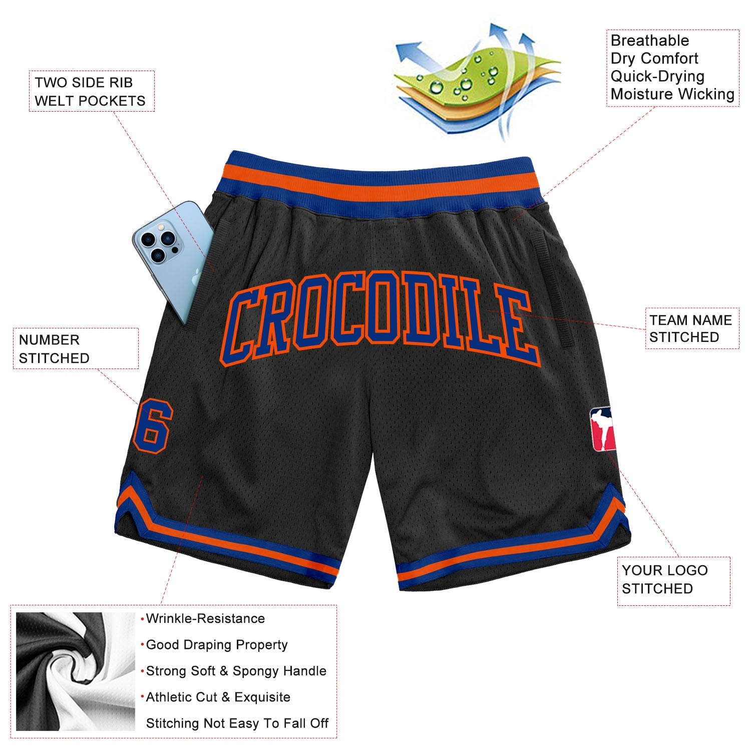 Custom Black Royal-Orange Authentic Throwback Basketball Shorts view 2