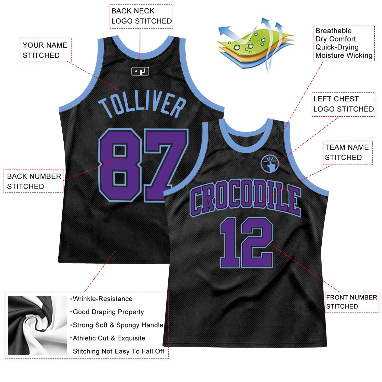 Custom Black Purple-Light Blue Authentic Throwback Basketball Jersey view 2