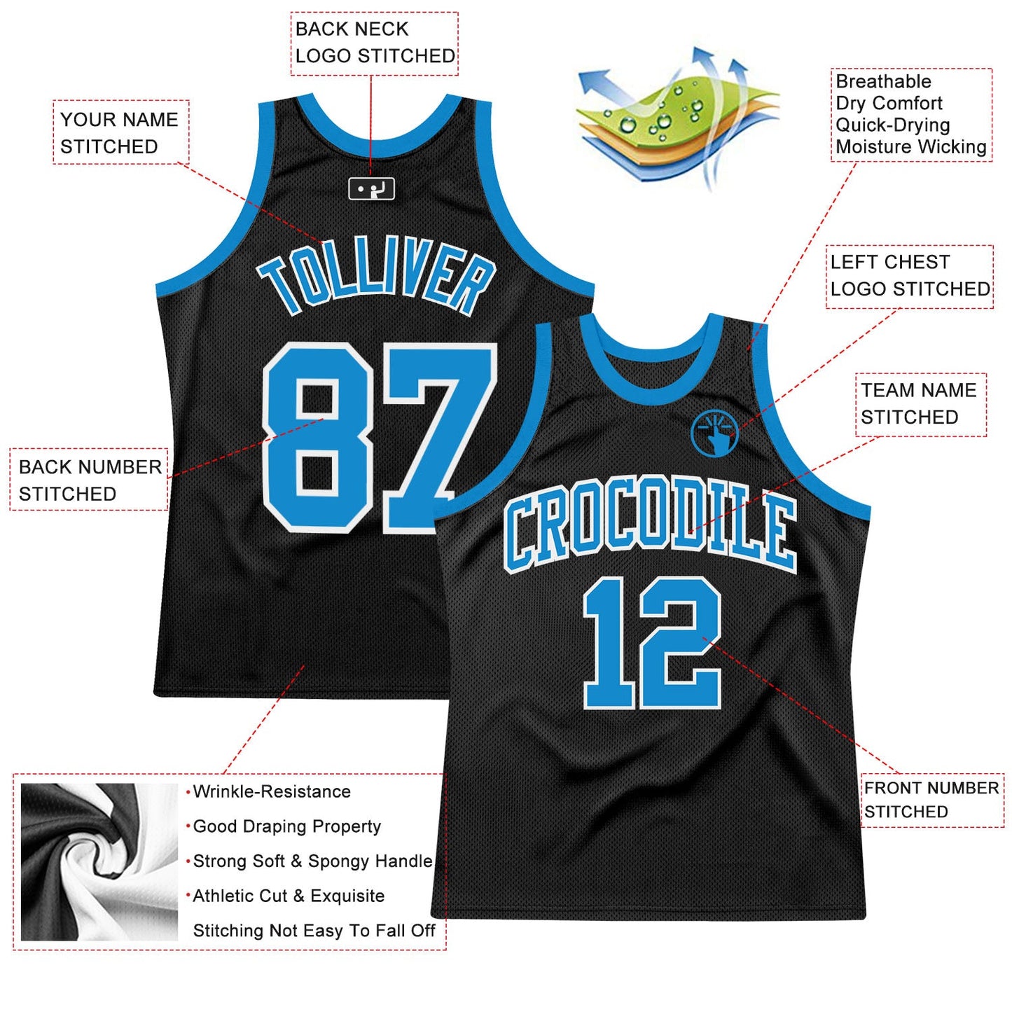 Custom Black Blue-White Authentic Throwback Basketball Jersey view 2