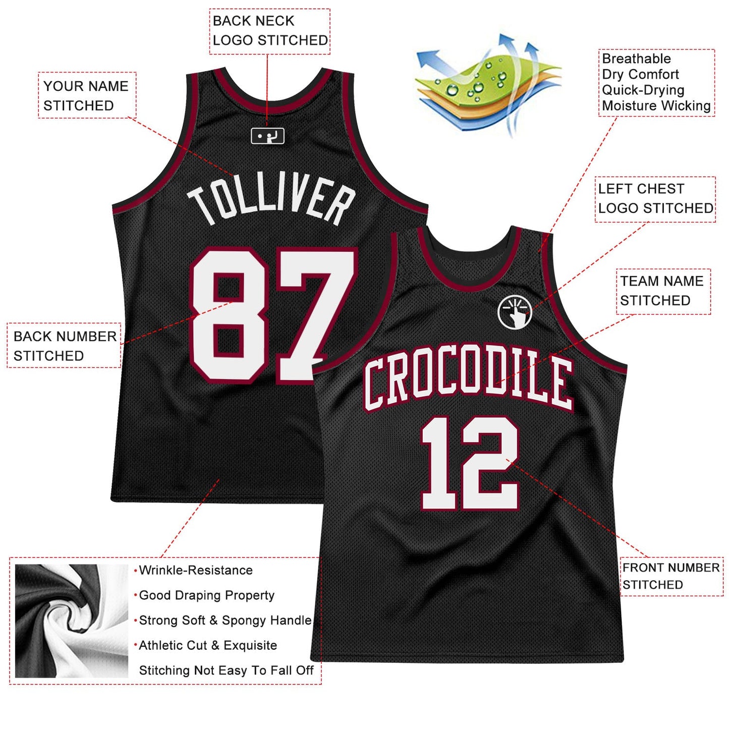 Custom Black White-Maroon Authentic Throwback Basketball Jersey view 2