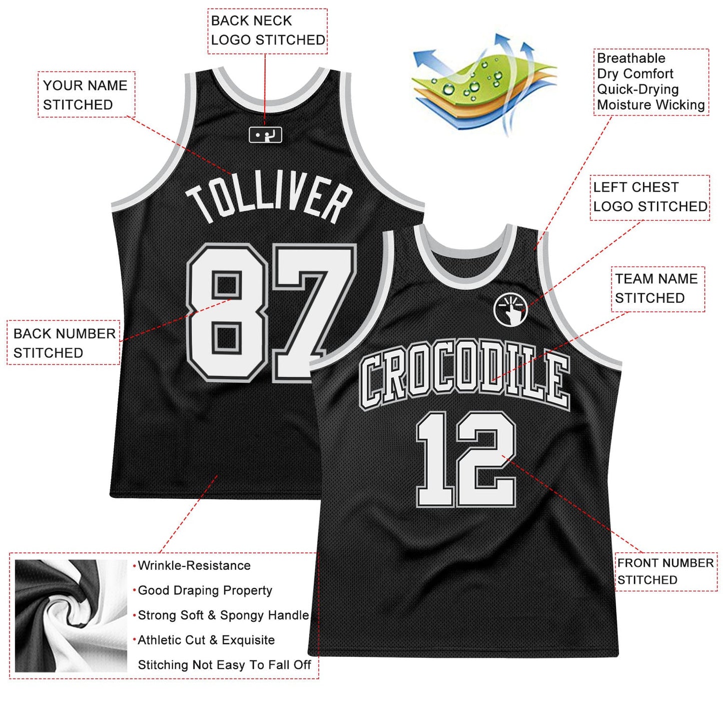 Custom Black White-Gray Authentic Throwback Basketball Jersey view 2