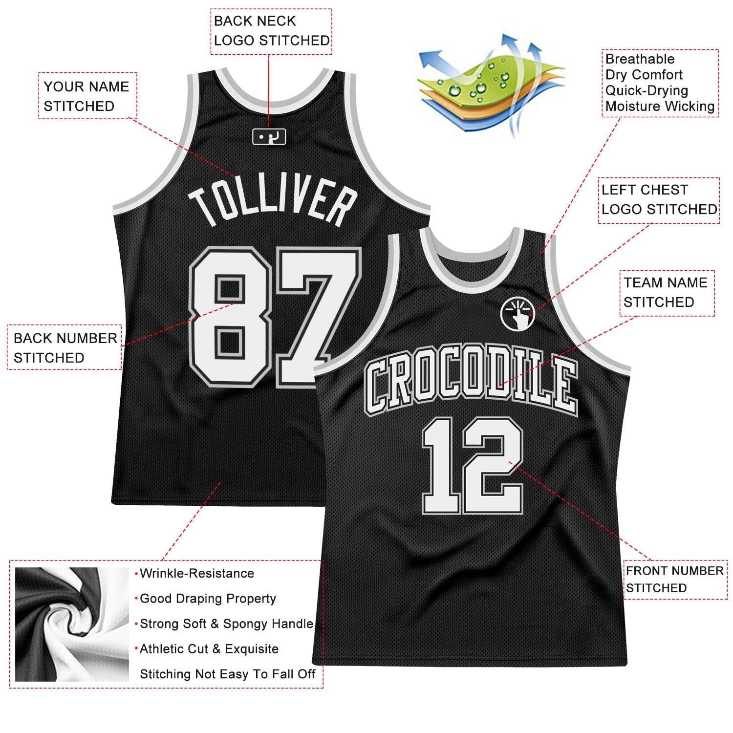 Custom Black White-Gray Authentic Throwback Basketball Jersey view 2