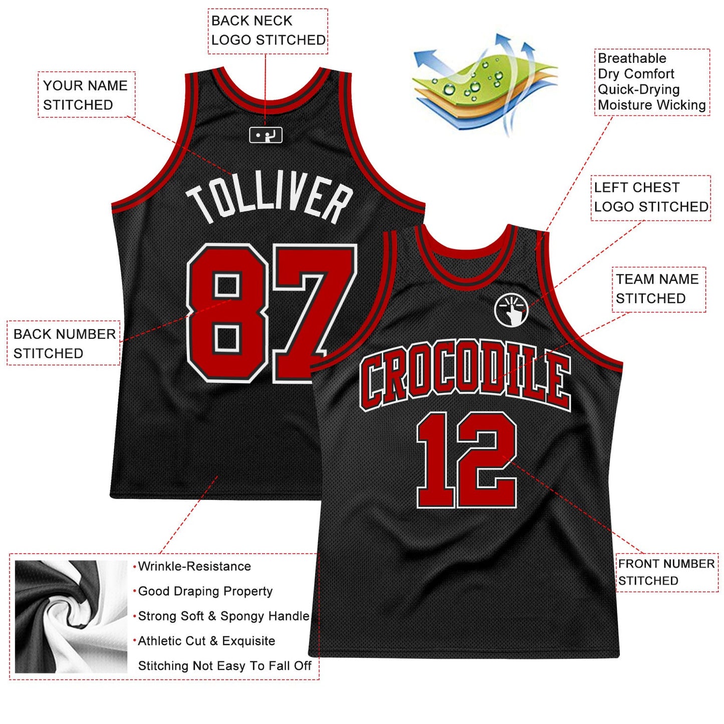 Custom Black Red-White Authentic Throwback Basketball Jersey view 2