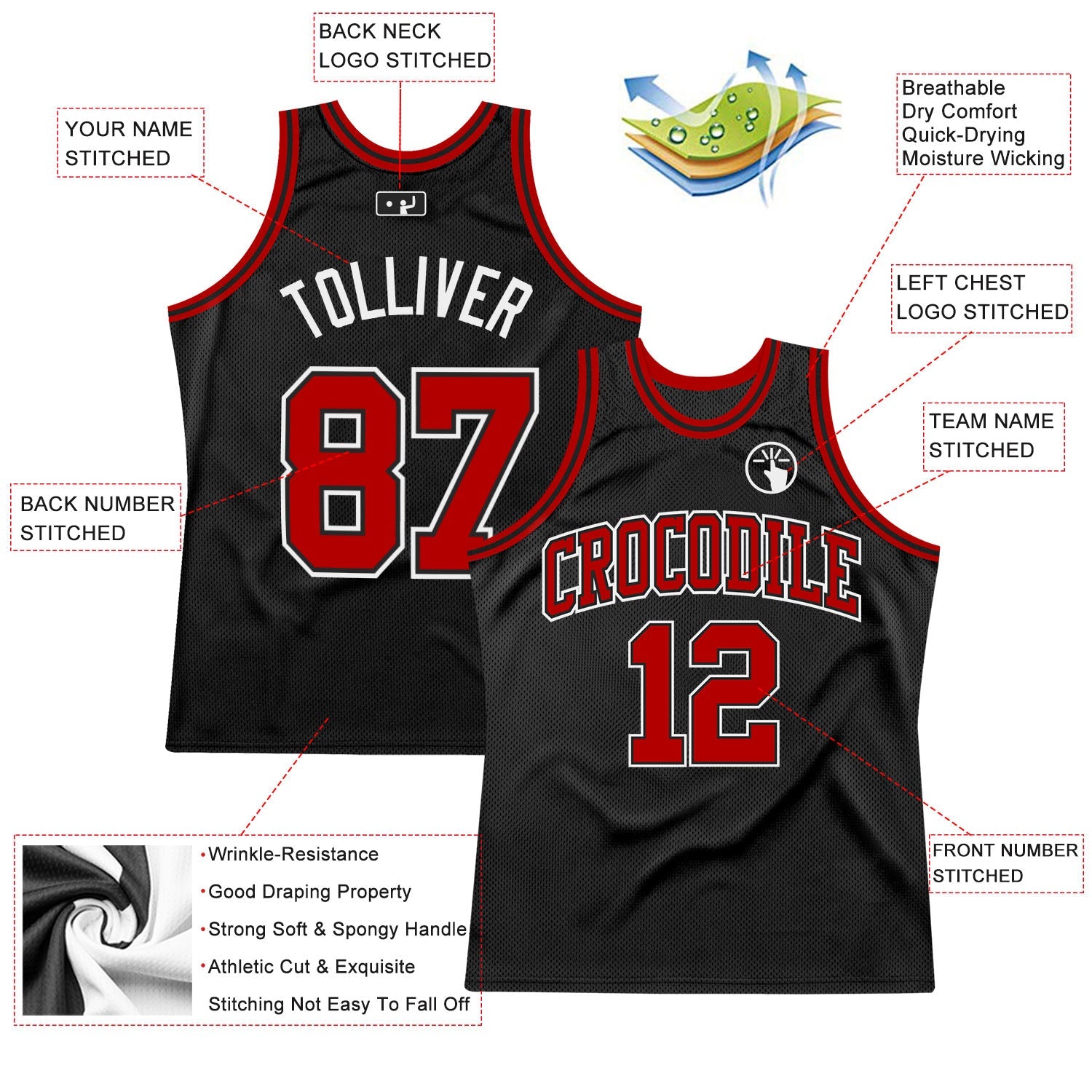Custom Black Red-White Authentic Throwback Basketball Jersey view 2