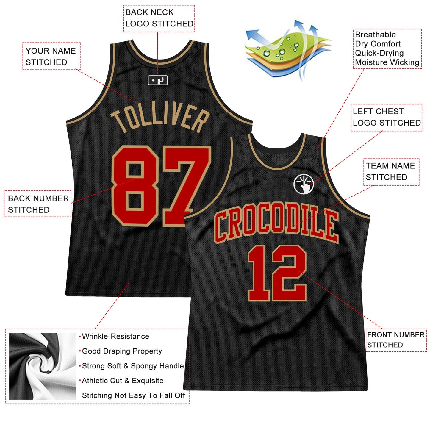 Custom Black Red-Old Gold Authentic Throwback Basketball Jersey view 2