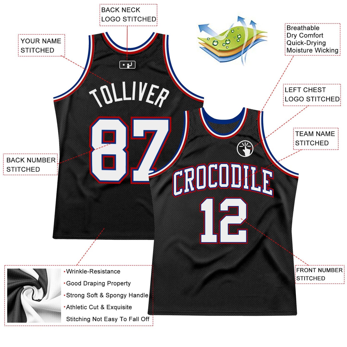 Custom Black White Royal-Red Authentic Throwback Basketball Jersey view 2