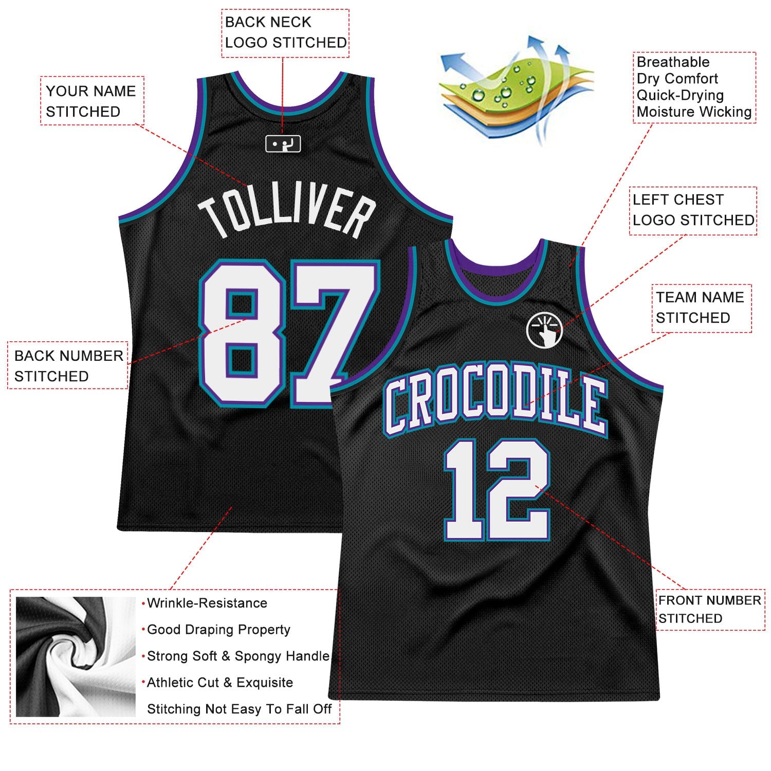 Custom Black White Purple-Teal Authentic Throwback Basketball Jersey view 2