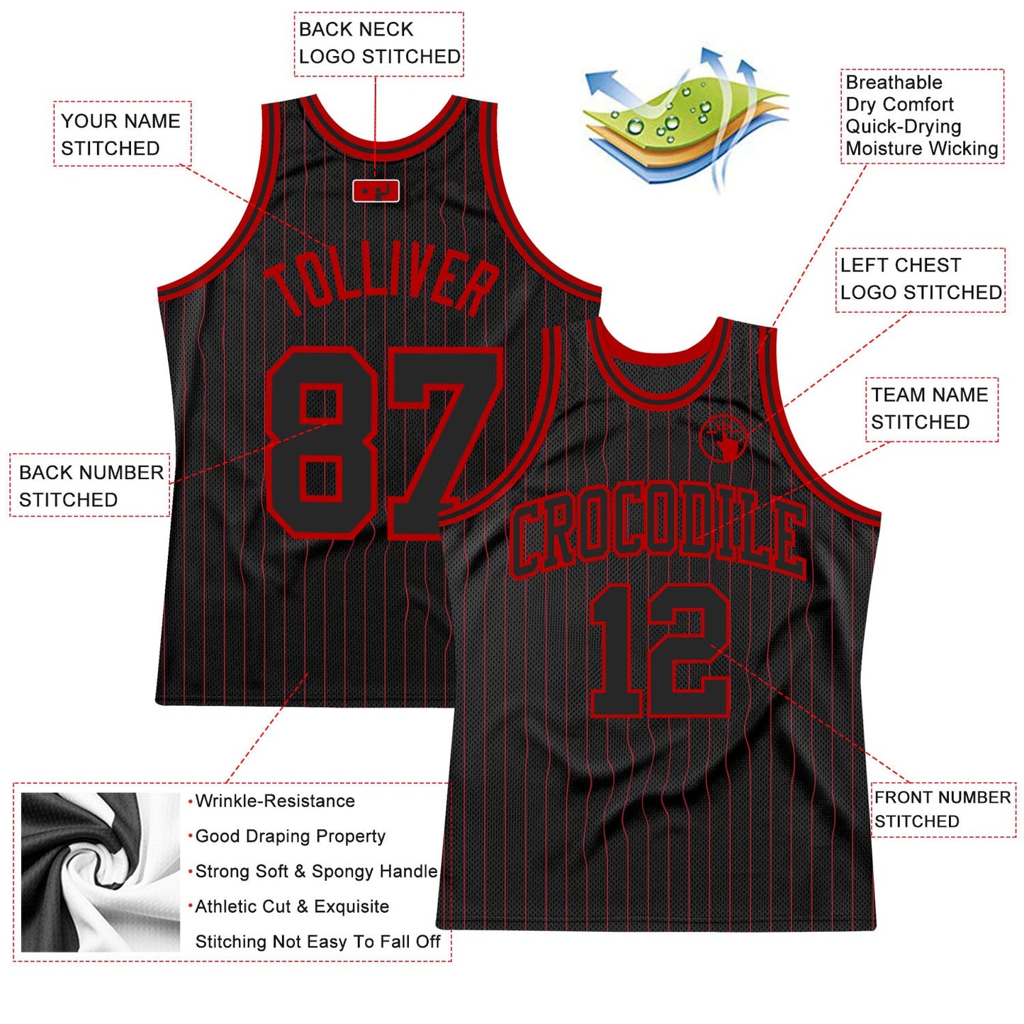 Custom Black Red Pinstripe Black-Red Authentic Basketball Jersey view 2