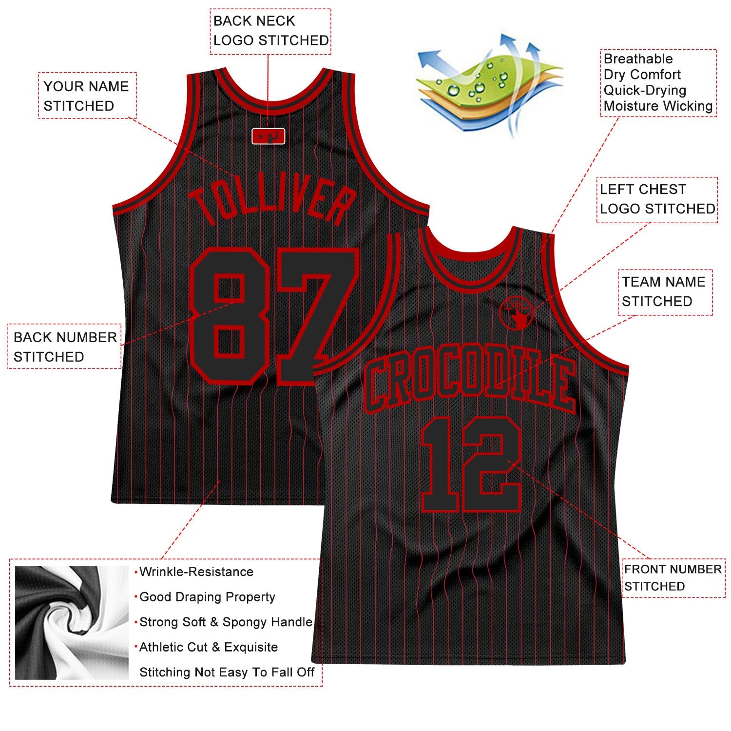 Custom Black Red Pinstripe Black-Red Authentic Basketball Jersey view 2