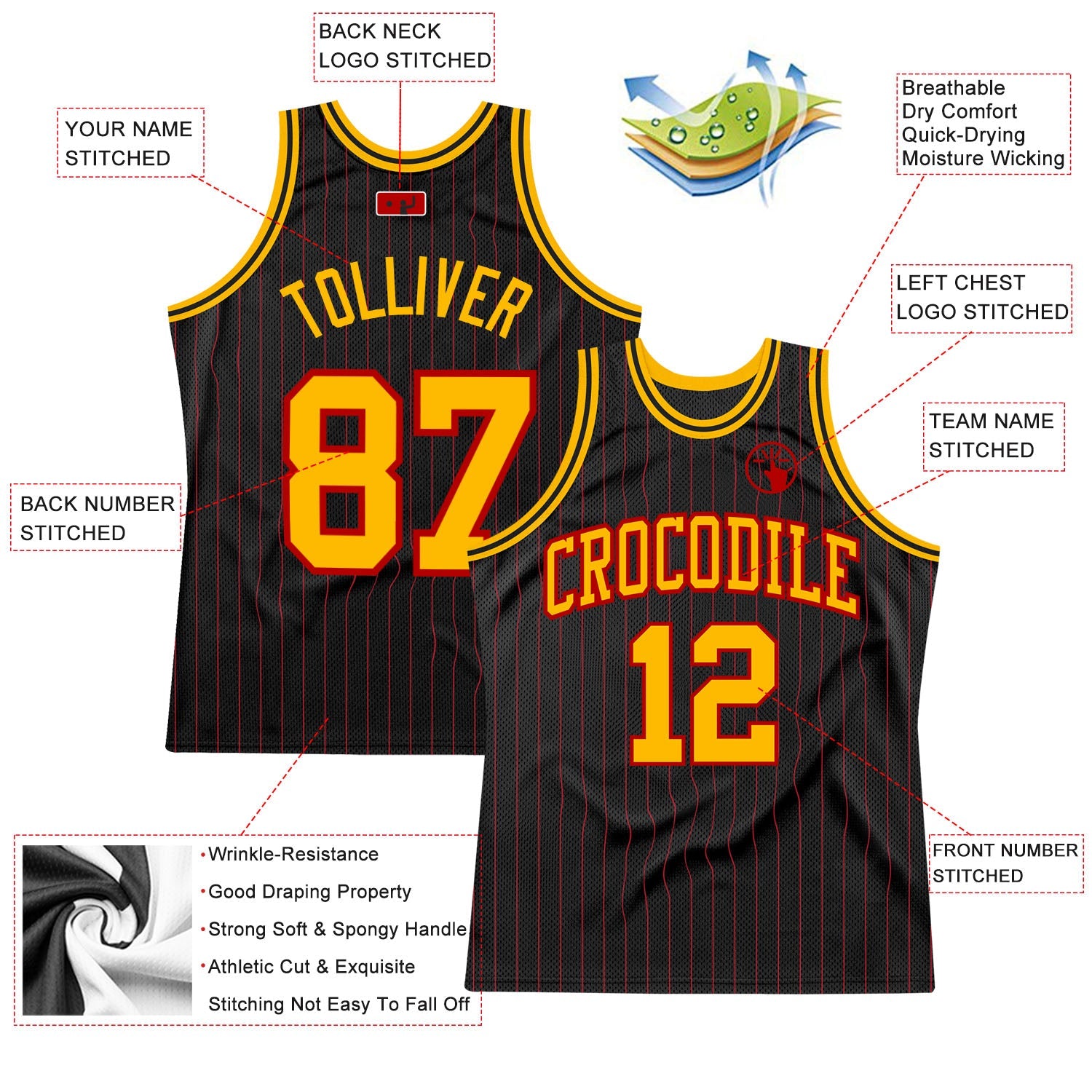 Custom Black Red Pinstripe Gold-Red Authentic Basketball Jersey view 2