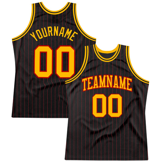 Custom Black Red Pinstripe Gold-Red Authentic Basketball Jersey - Main View