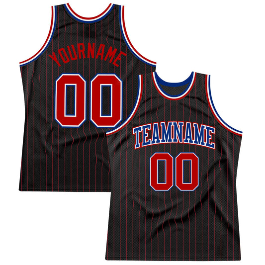 Custom Black Red Pinstripe Red-Royal Authentic Basketball Jersey - Main View