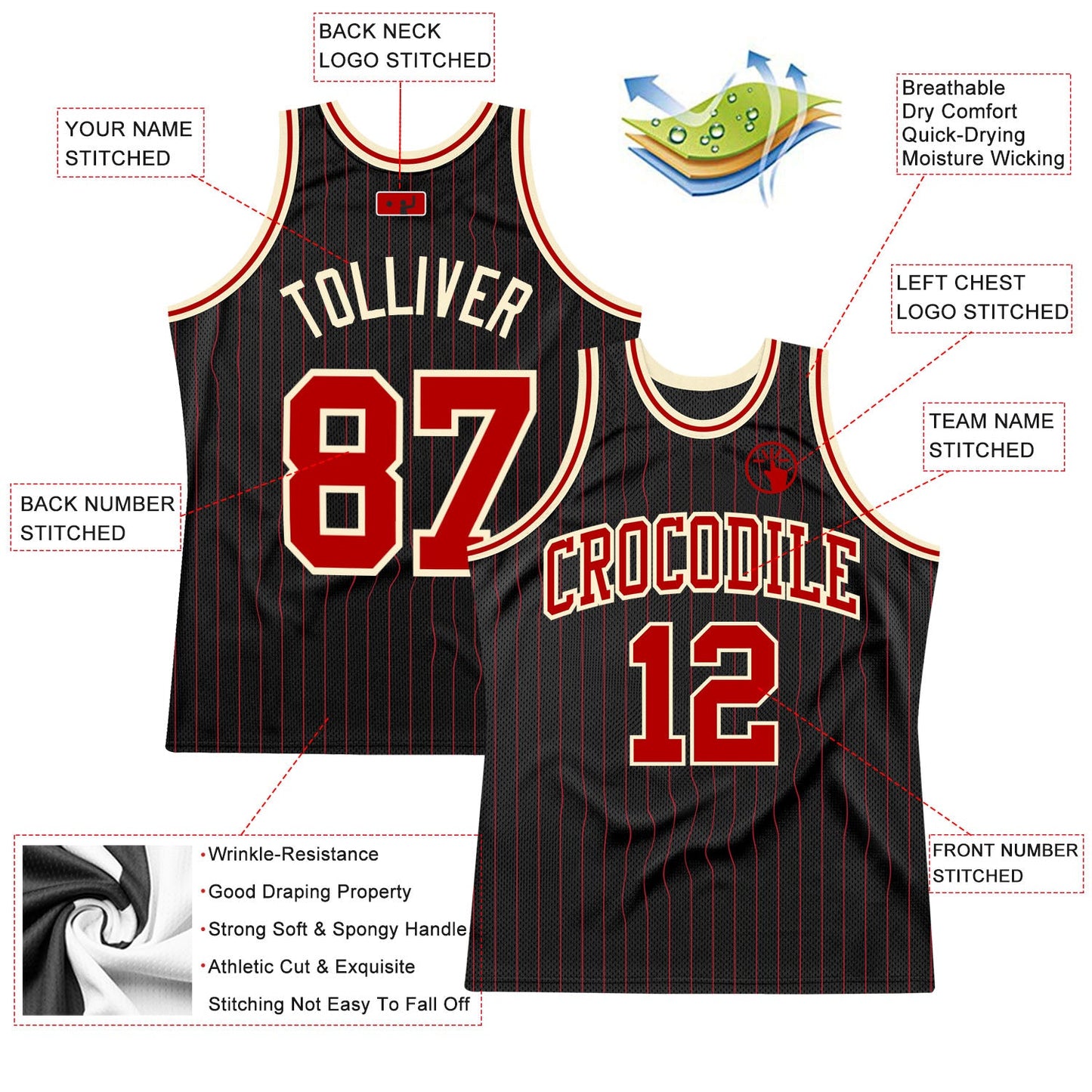 Custom Black Red Pinstripe Red-Cream Authentic Basketball Jersey view 2