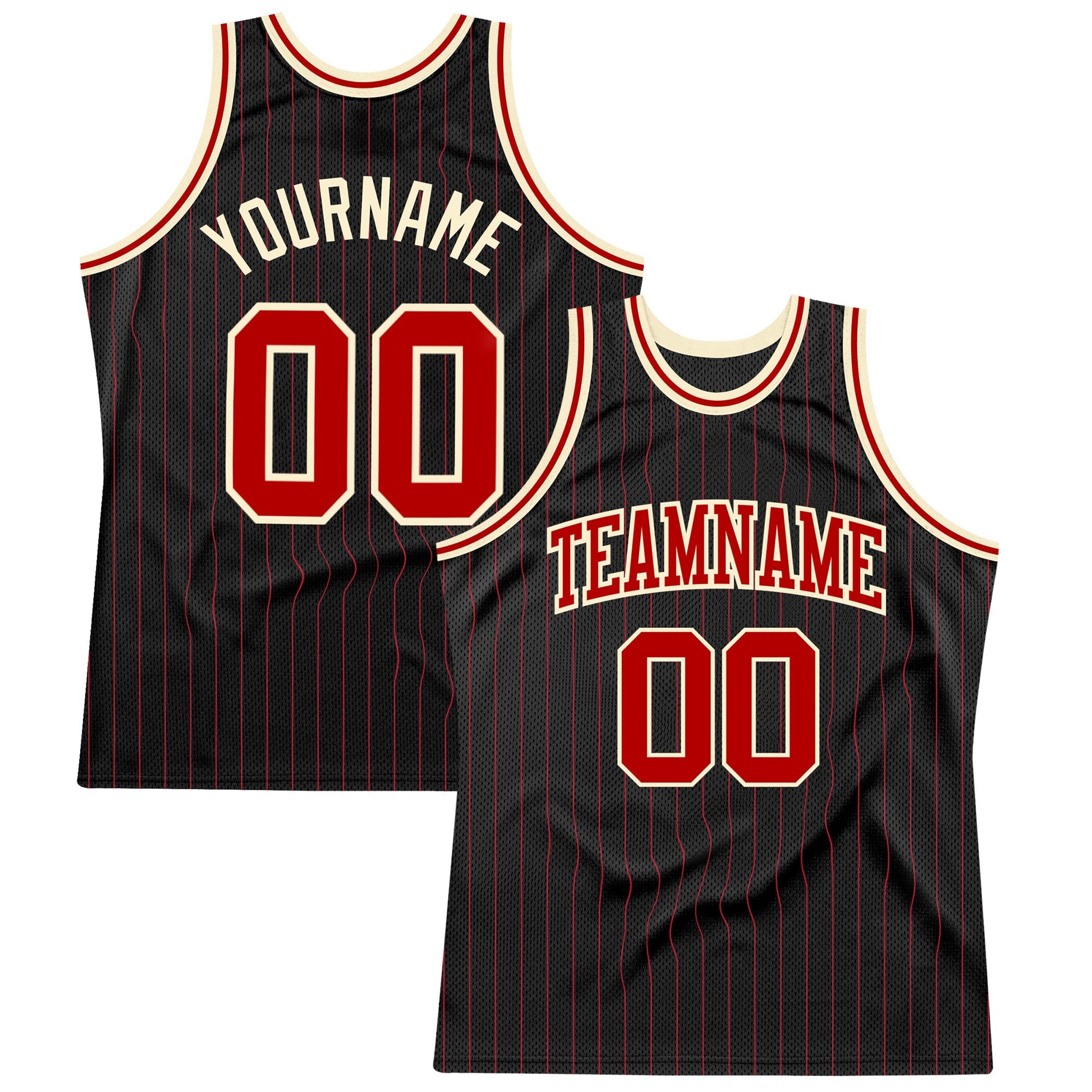 Custom Black Red Pinstripe Red-Cream Authentic Basketball Jersey - Main View
