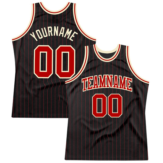 Custom Black Red Pinstripe Red-Cream Authentic Basketball Jersey - Main View