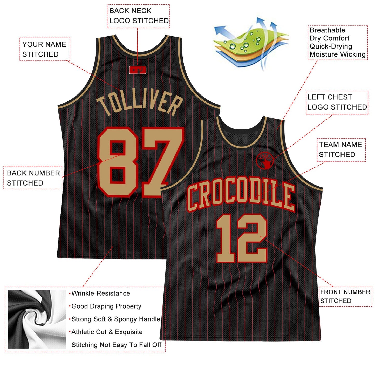 Custom Black Red Pinstripe Old Gold-Red Authentic Basketball Jersey view 2