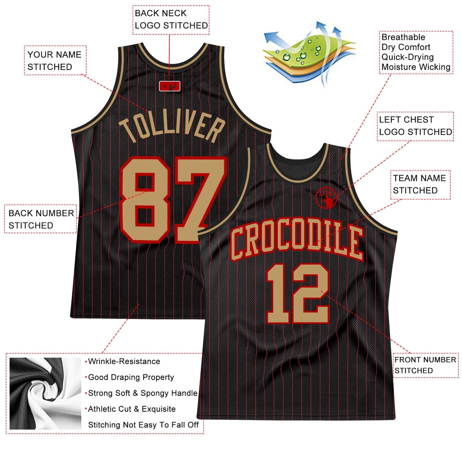Custom Black Red Pinstripe Old Gold-Red Authentic Basketball Jersey view 2