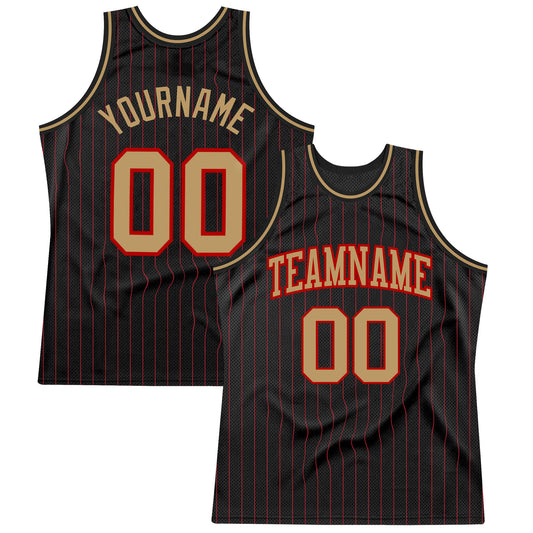 Custom Black Red Pinstripe Old Gold-Red Authentic Basketball Jersey - Main View