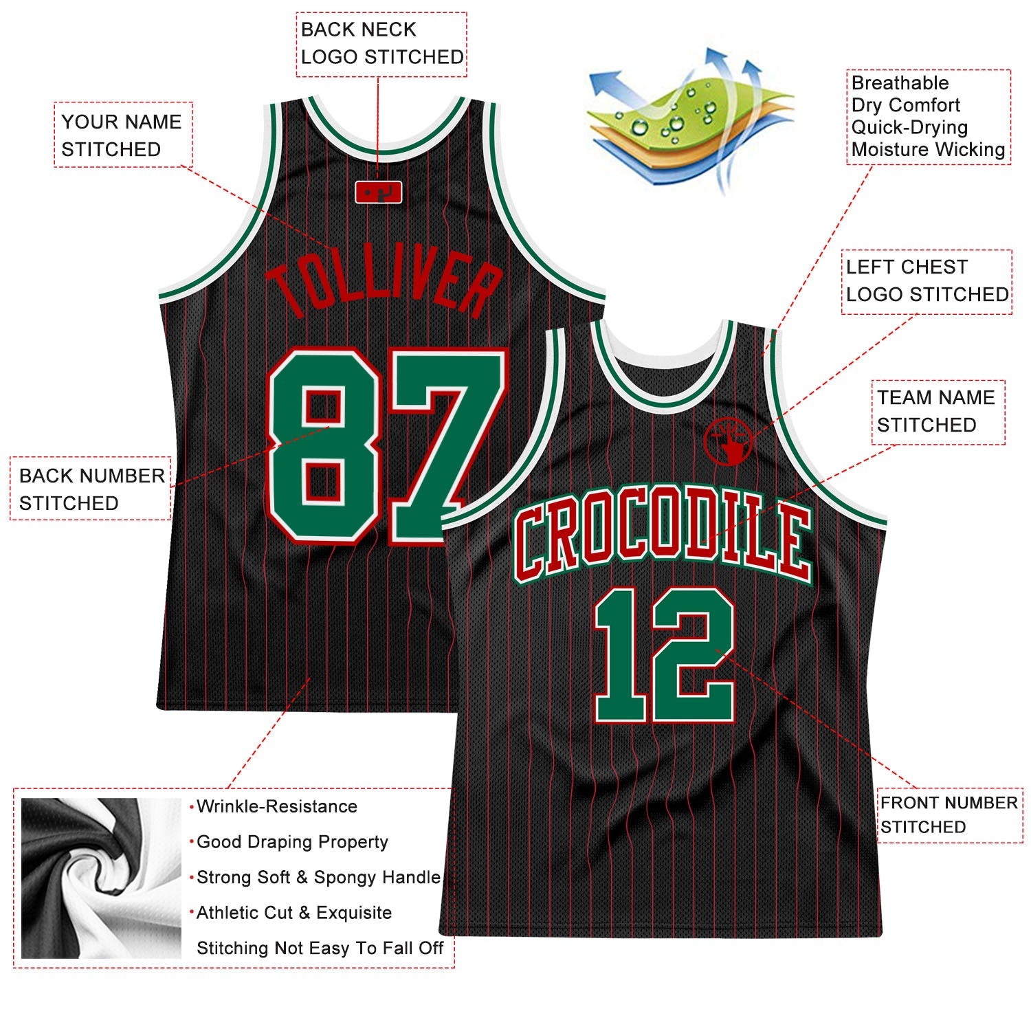 Custom Black Red Pinstripe Kelly Green-Red Authentic Basketball Jersey view 2