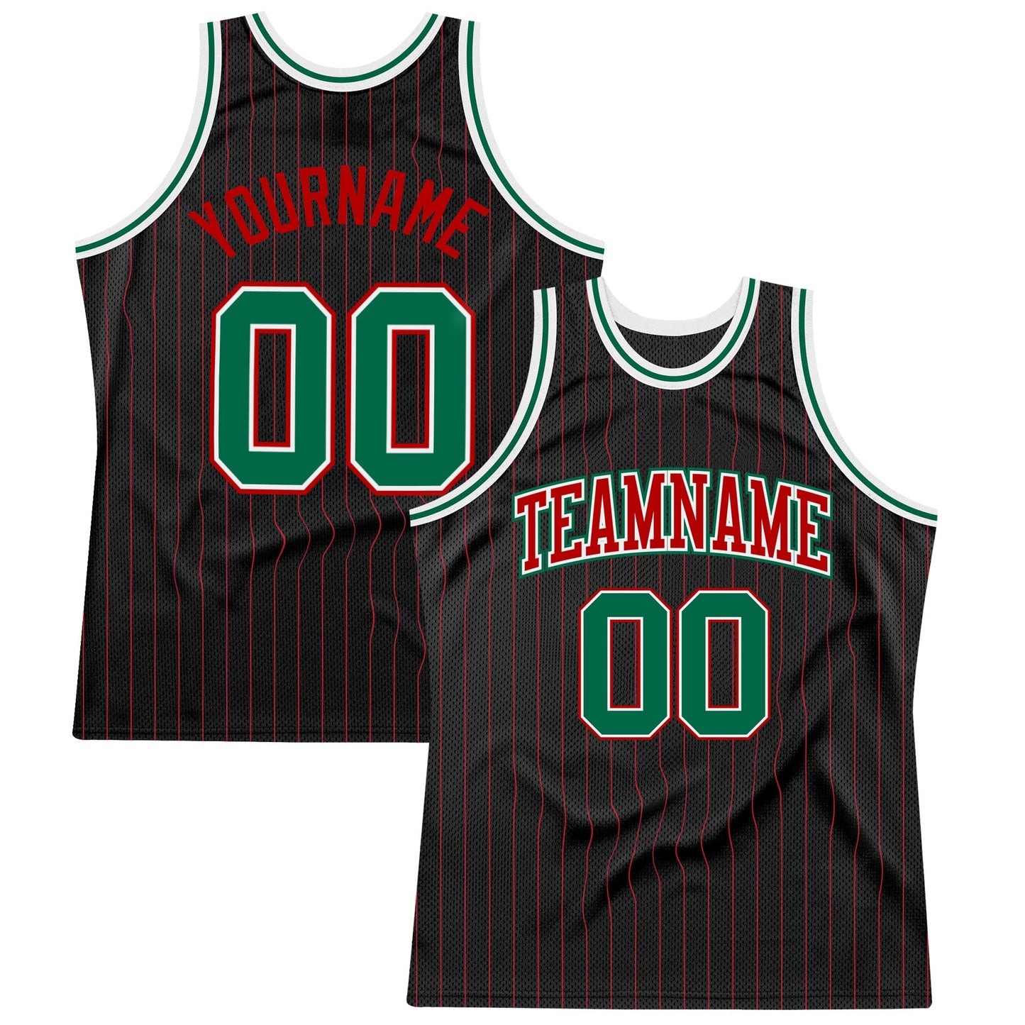 Custom Black Red Pinstripe Kelly Green-Red Authentic Basketball Jersey - Main View